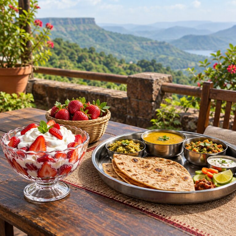AI-generated illustration of strawberries with cream and a Maharashtrian meal on a terrace overlooking Mahabaleshwar-inspired hills.