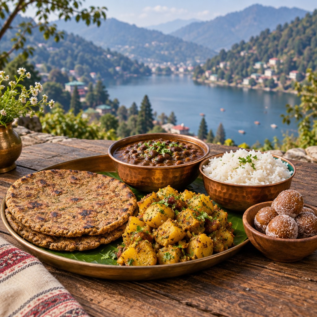AI illustration of a Kumaoni meal with flatbread, rice, curry and sweets against a Nainital-inspired lake backdrop.